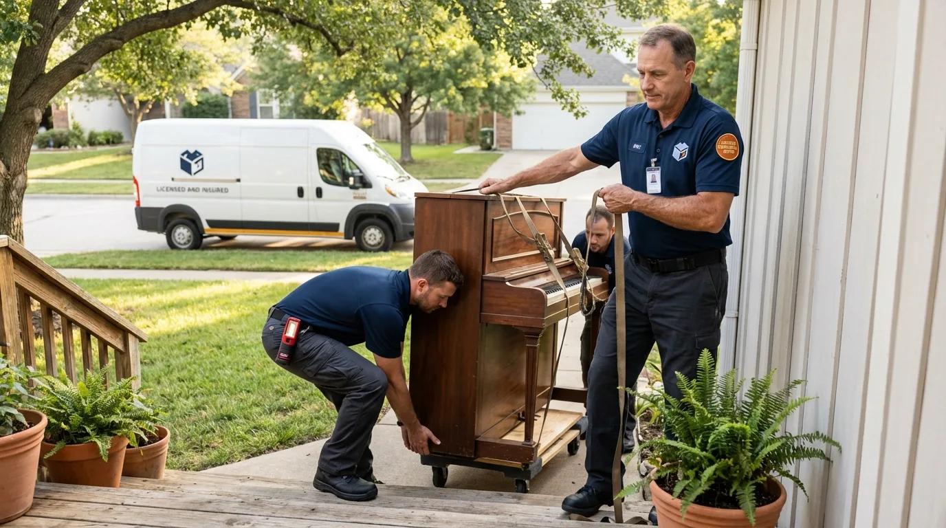Licensed piano movers securing grand piano in Carlsbad, NM