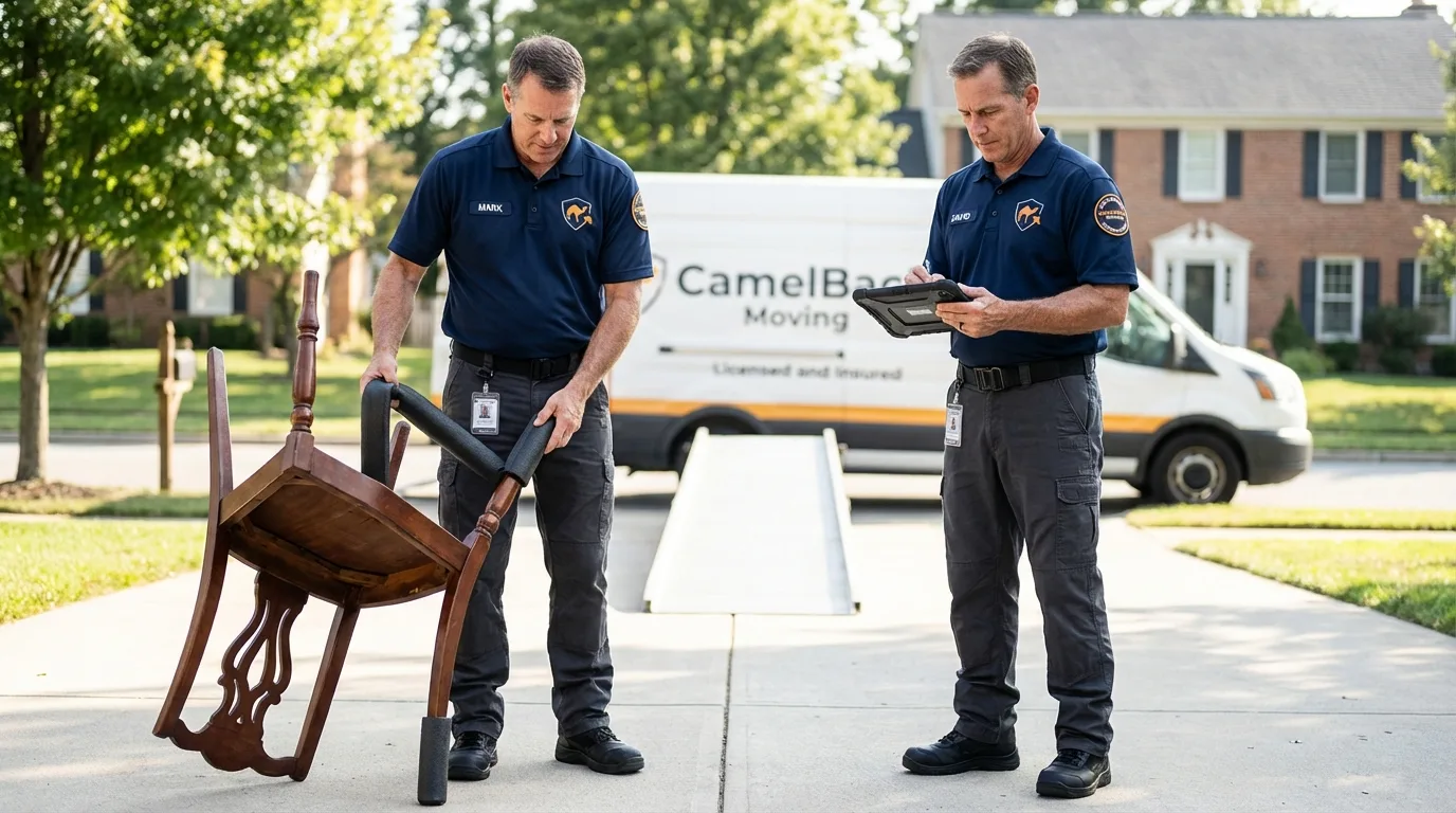 Movers inspecting furniture for damage prevention before loading in Carlsbad, NM