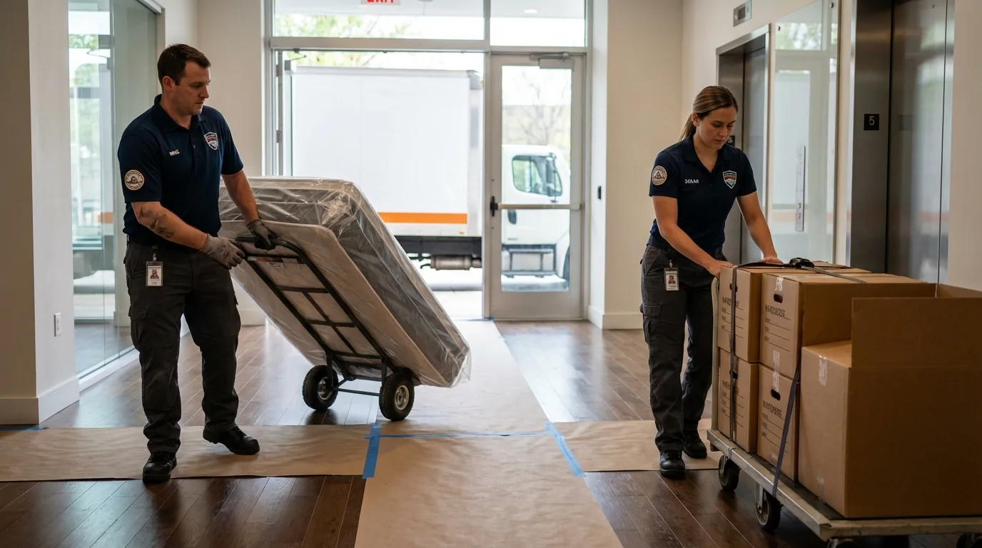 Professional apartment movers loading elevator in Carlsbad, NM