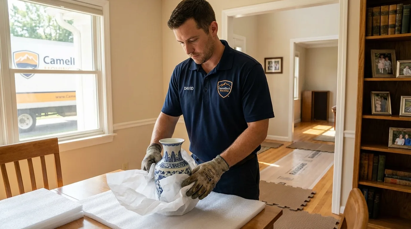 Professional crew carefully wrapping antique vase for senior downsizing move in Carlsbad, NM